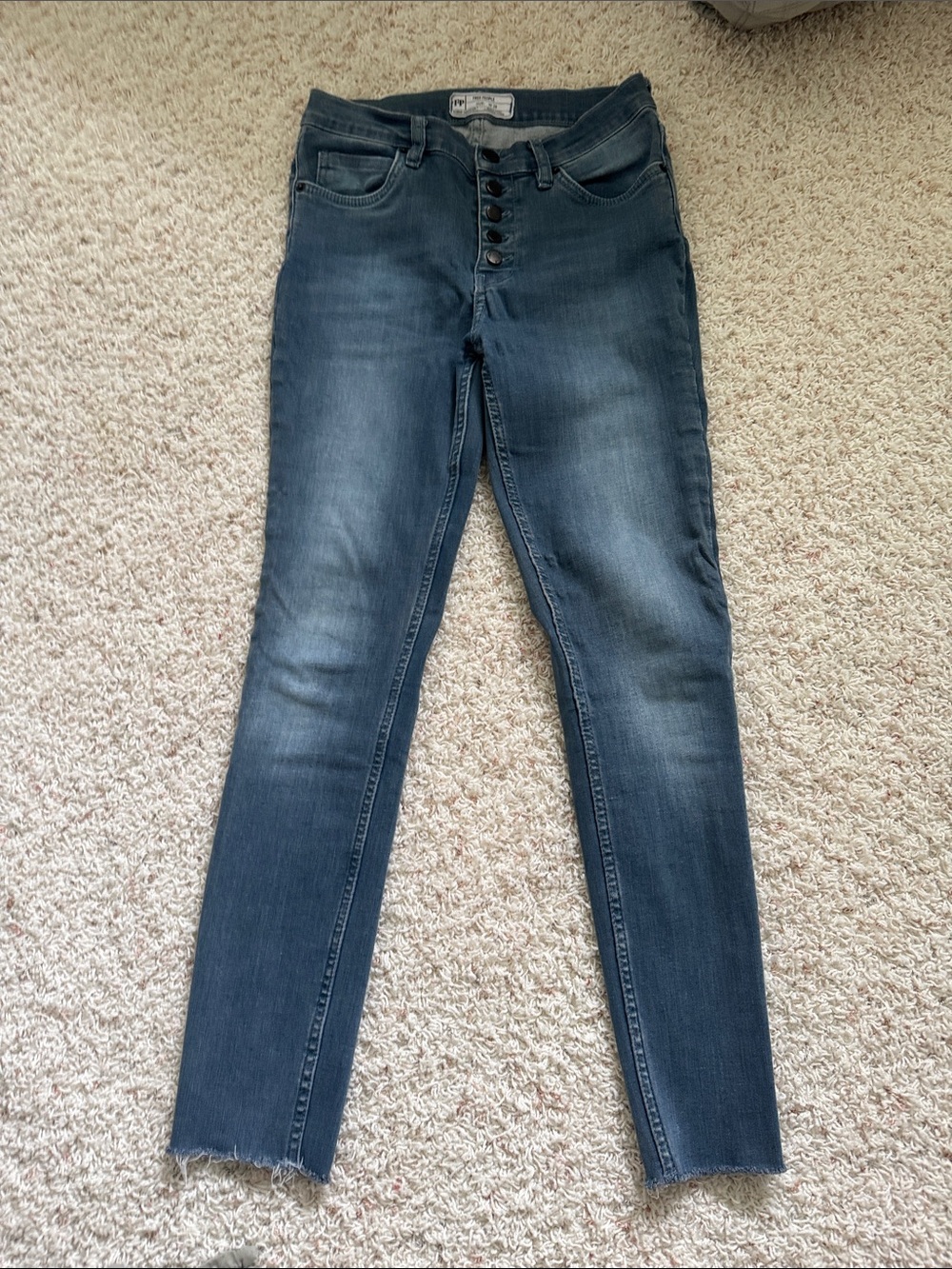 Free People Dark Blue High-Rise Button-Fly Skinny Jeans